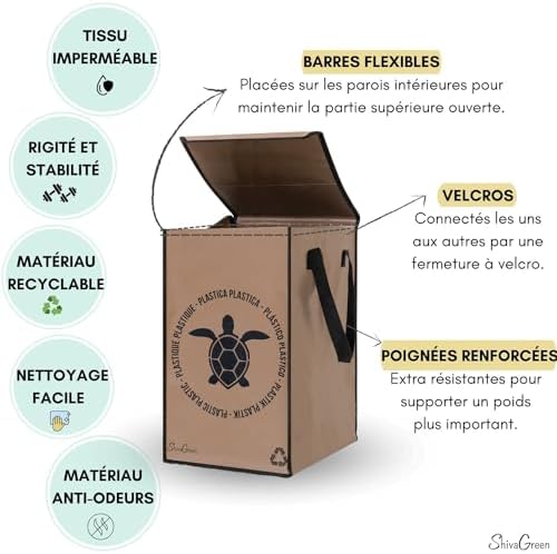 Shiva Green Poubelle Tri Sélectif FBAD1, 3 Bacs avec Sac et Couvercle, Plastique, Verre, Papier
