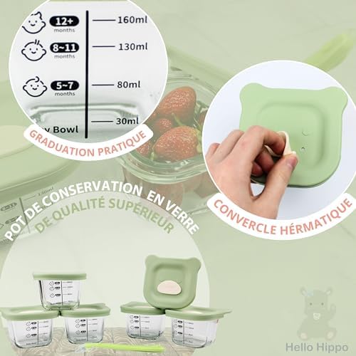 Lot de 6 Petits Pots en Verre Bébé 160ml avec Cuillère Incluse