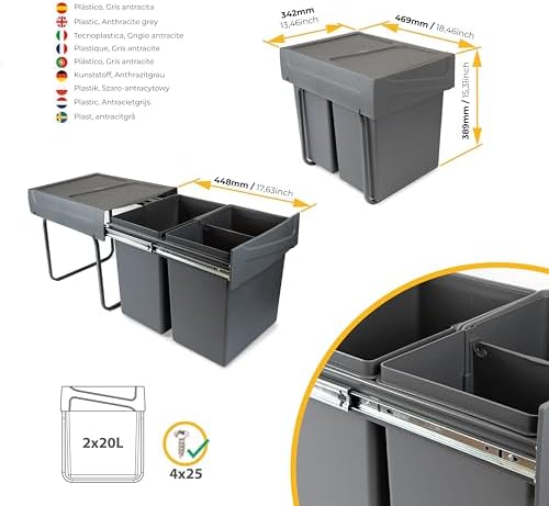 Emuca Poubelles de Recyclage Amovibles, Modèle 8199423, 40L, Gris Anthracite