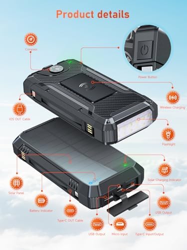 Batterie Externe Solaire 49800mAh, Charge Rapide PD30W avec Câbles Intégrés
