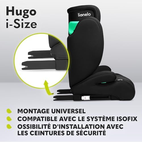 lionelo Siège Auto ISOFIX Hugo I-SIZE, Groupe 2/3, Appui-tête Réglable, Black Carbon