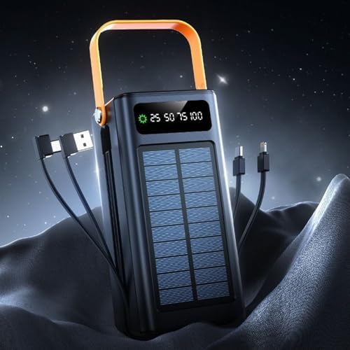 Chargeur Solaire Haute Capacité 50000mAh, Batterie Externe avec Éclairage, Noir