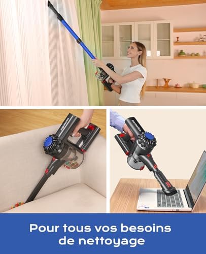 Ivormentico Aspirateur Balai sans Fil V15, 40KPA, 50Mins, LED Verte, Bleu Foncé