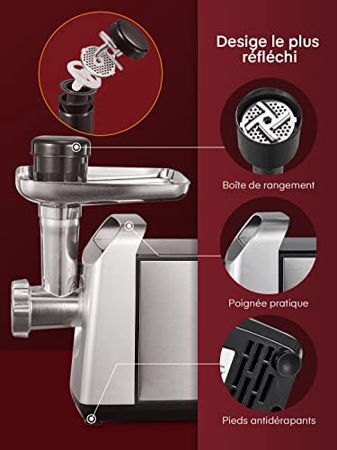 HOUSNAT Hachoir à Viande Électrique, 1500W Max, 3 en 1, Acier Inoxydable, Argent/Noir