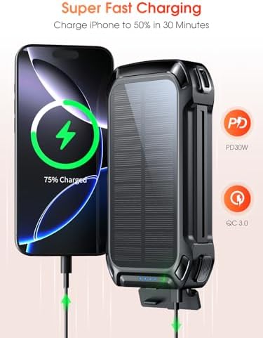 Batterie Externe Solaire 26800mAh avec Charge Rapide et Câbles Intégrés