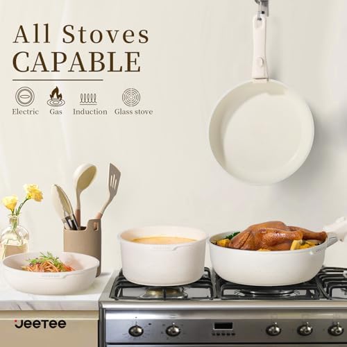 Batterie de Cuisine Antiadhésive 17 Pièces, Beige, Poignée Amovible