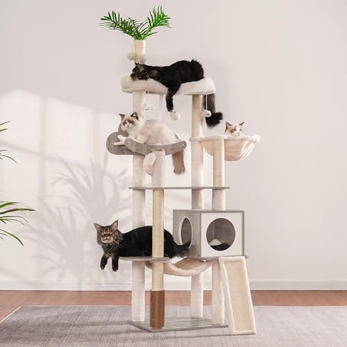 Arbre à Chat Moderne en Bois, Gris Rustique, 156 cm, avec Griffoirs et Hamac