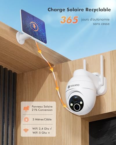Caméra Solaire 2K Surveillance WiFi Extérieure, 360° PTZ, Blanche