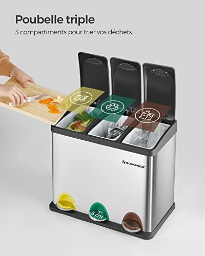 SONGMICS Poubelle de Tri, Modèle LTB24L, 3 x 8L, Acier Inoxydable, Argent et Noir
