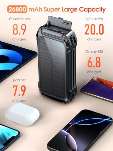 Batterie Externe Solaire 26800mAh avec Charge Rapide et Câbles Intégrés