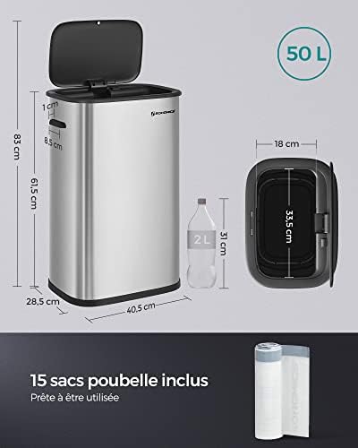 SONGMICS Poubelle de Cuisine Automatique 50L, Acier Inoxydable, Fermeture Douce