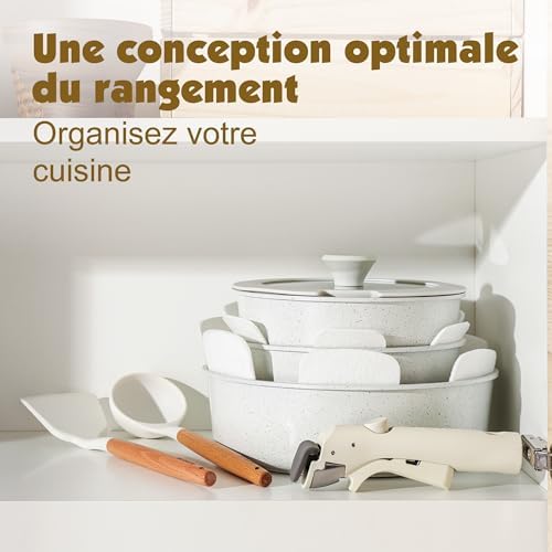 Set de Batterie de Cuisine Antiadhésif 17 Pièces, Blanc, Poignées Amovibles