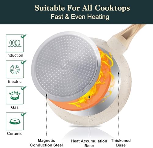 Set de Batterie de Cuisine Antiadhésif en Céramique, Crème, 11 Pièces