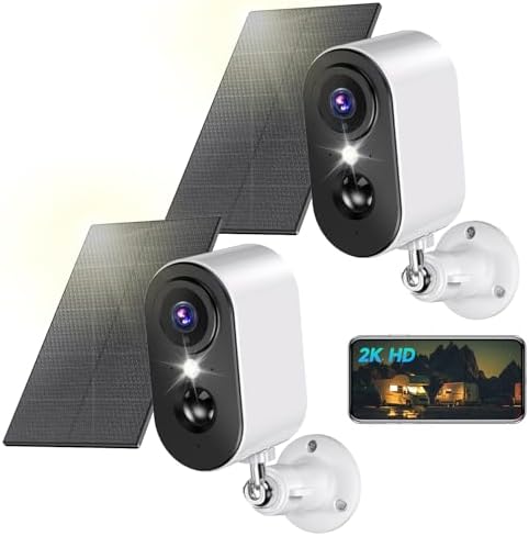 Caméra de Surveillance 2K avec Panneau Solaire, Vision Nocturne Couleur, 2 Pack