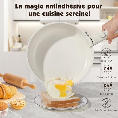 Ensemble Antiadhésif Batterie de Cuisine 21 Pièces, Blanc, Poignées Amovibles