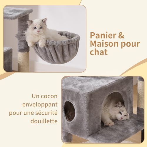 Arbre à Chat 125 cm avec Niche et Griffoir en Sisal, Gris Clair