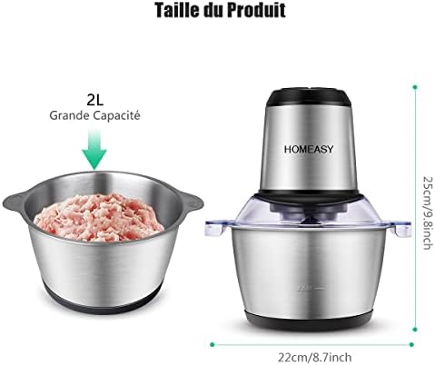 homeasy Hachoir Électrique 350W, Modèle HE-06-1, Bol Acier Inox 2L, 4 Lames Amovibles