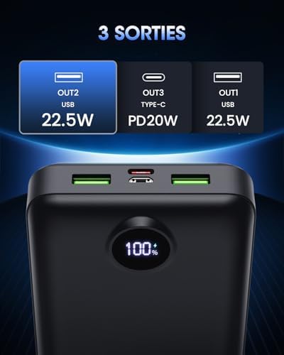 Batterie Externe 50000mAh Charge Rapide, Power Bank USB-C 22,5W, Noir