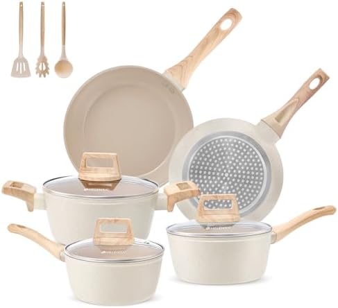 Set de Batterie de Cuisine Antiadhésif en Céramique, Crème, 11 Pièces