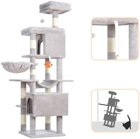 Arbre à Chat Multi-Étagé 178cm, Gris Clair, avec 8 Colonnes à Griffer