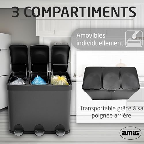 Amig Poubelle Triple avec Pédales, 45L, 3 Compartiments Amovibles, Noir Mat