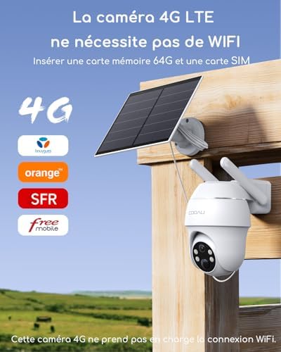 Caméra Solaire 4G LTE Extérieure, 360° PTZ, Vision Nocturne Couleur