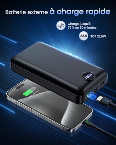 Batterie Externe 50000mAh Charge Rapide, Power Bank USB-C 22,5W, Noir