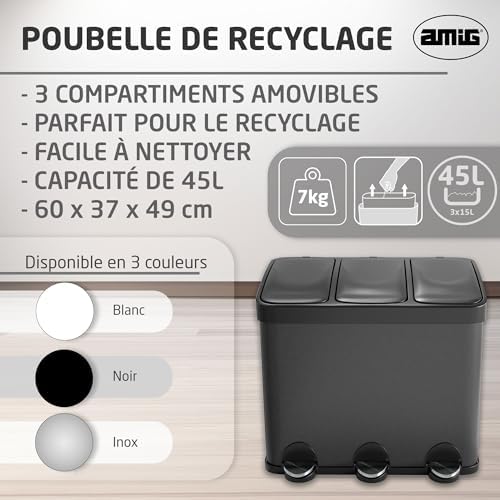 Amig Poubelle Triple avec Pédales, 45L, 3 Compartiments Amovibles, Noir Mat