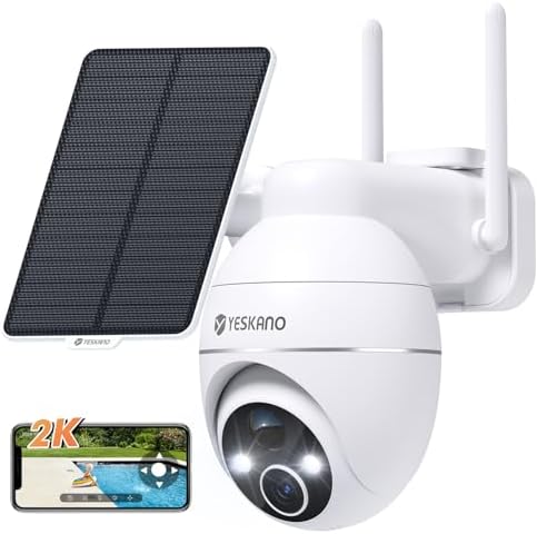 Caméra Solaire 2K Surveillance WiFi Extérieure, 360° PTZ, Blanche