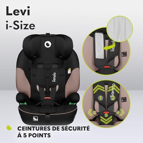 lionelo Siège Auto i-Size Levi, 9-36 kg, Protection Latérale, Appui-tête Réglable, Noir