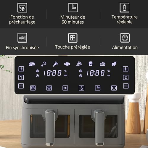 Friteuse à air sans huile avec double cuve de 8L et écran tactile