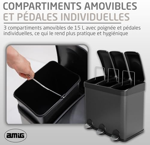 Amig Poubelle Triple avec Pédales, 45L, 3 Compartiments Amovibles, Noir Mat