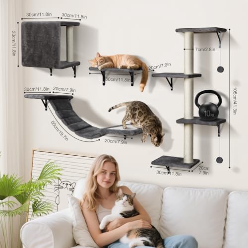 Arbre à Chat Mural avec Griffoir, Ensemble d'Escalade Stable, Gris
