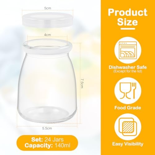 Lot de 24 Petit Pots en Verre 140ml avec Couvercle, Contenants pour Pudding et Yaourt