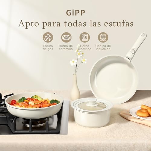 Batterie de Cuisine Antiadhésive en Céramique, Set de 7 Pièces, Blanc
