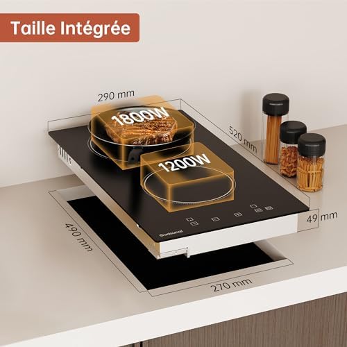 Plaque Vitrocéramique 2 Feux, 3000W, Minuteur, Noir Mat