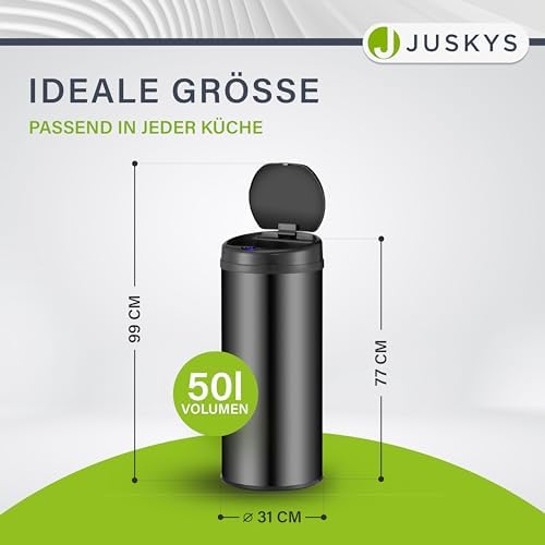 Juskys Poubelle Automatique 50L, Capteur de Mouvement, Couvercle Étanche, Noir