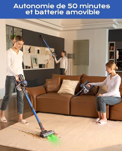 Ivormentico Aspirateur Balai sans Fil V15, 40KPA, 50Mins, LED Verte, Bleu Foncé
