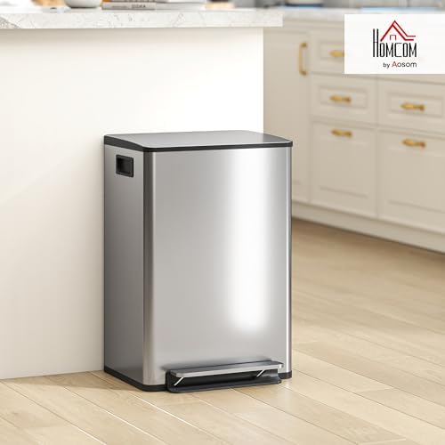 HOMCOM Poubelle Cuisine 50L, Acier Inoxydable, Couvercle Doux, Anti-Odeurs