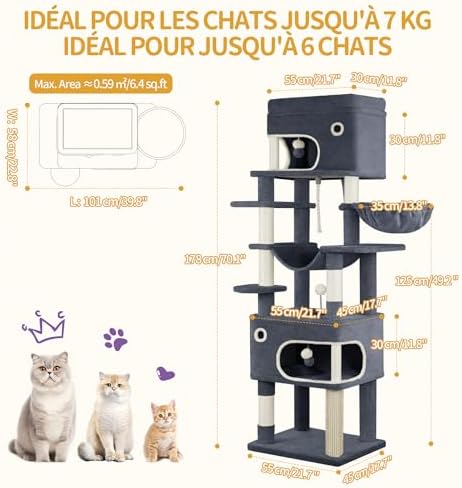 Tour de Jeux pour Chats 178 cm, Arbre à Chat XL, Gris Foncé avec Niches et Griffoirs