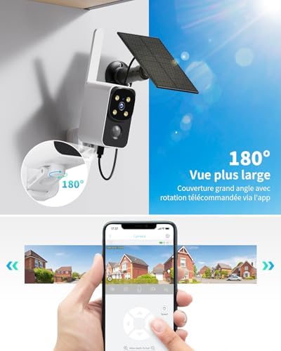 Caméra de Surveillance Solaire 4G LTE, 180° Extérieure, Blanc