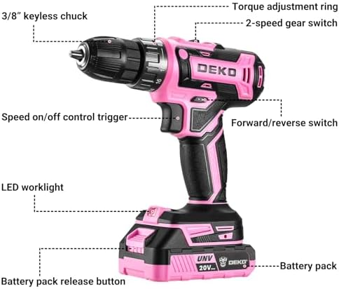DEKOPRO Perceuse sans Fil 20V, Rose, Compacte et Légère pour Femmes