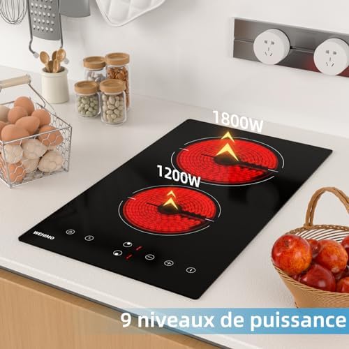 Plaque Vitrocéramique 2 Feux Induction, 29cm, Commande Tactile, 9 Niveaux