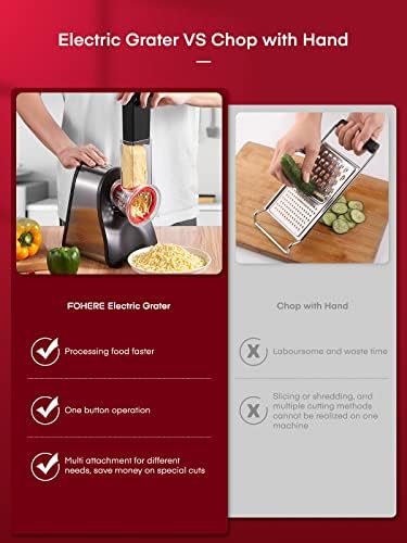 FOHERE Râpe Légumes Électrique, Modèle 4 en 1, 200W, Acier Inoxydable, Rouge