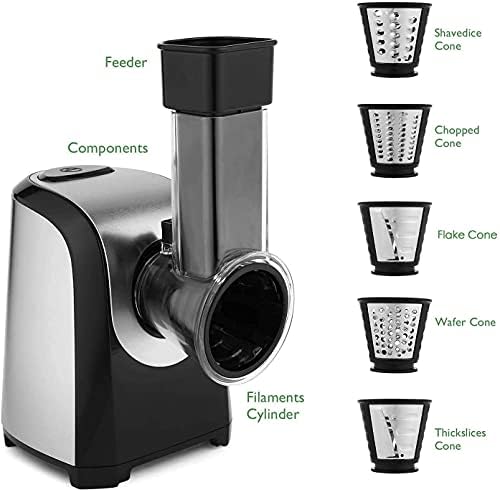 Meykey Râpe Légumes Électrique, Fresh Express 150W, 5 Cônes, Argent Noir