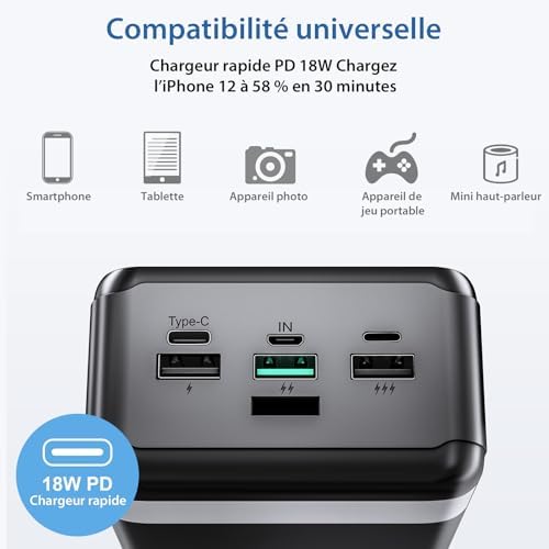 Batterie Externe 50000mAh avec Charge Rapide, Écran LED et Lampe de Poche