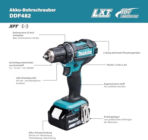 Makita Perceuse Visseuse DDF482Z, 18V, 60 Nm, Bleu, Sans Fil