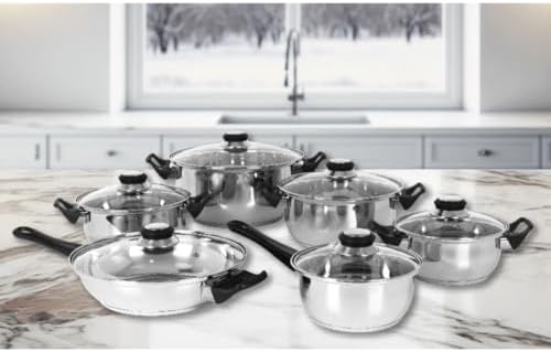 Batterie de Cuisine 12 Pièces en Acier Inoxydable, Compatible Induction, Couvercles en Verre