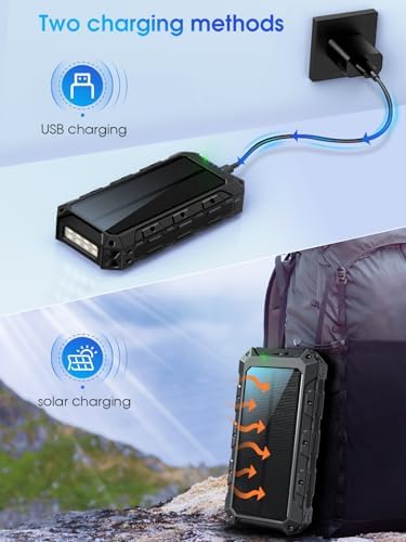 Batterie Externe Solaire 52800mAh, Charge Rapide 30W PD USB C, Noir