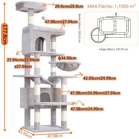 Arbre à Chat Multi-Étagé 178cm, Gris Clair, avec 8 Colonnes à Griffer